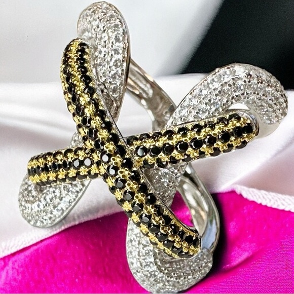 NEW Yellow & Black High Carbon Lab Sapphire Simulant Lace Up Wide Statement Ring - Picture 1 of 16
